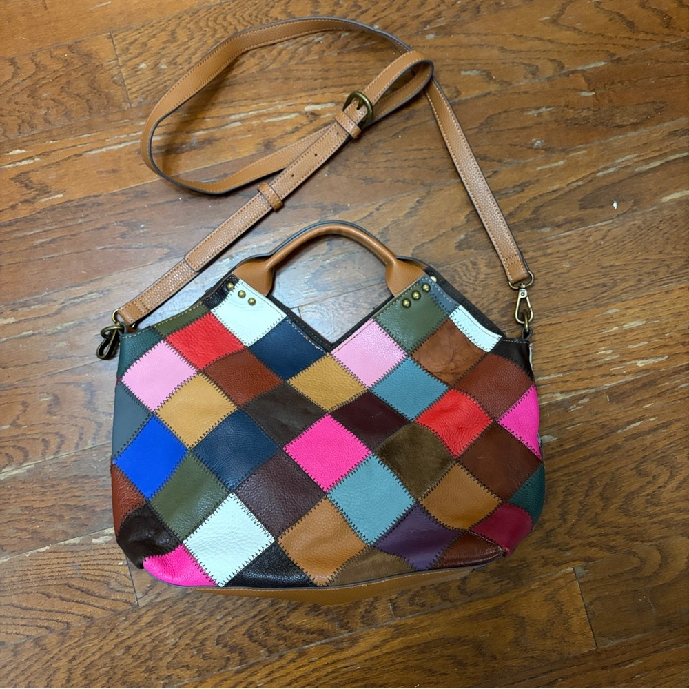 Booba Patchwork Leather Tote Bag Multicolor Squares Brown Handles Dopamine Boho - Picture 9 of 16